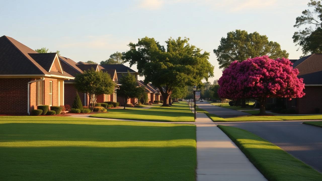 Brick homes with wide green lawns and a blooming crepe myrtle on a suburban Alabama street
