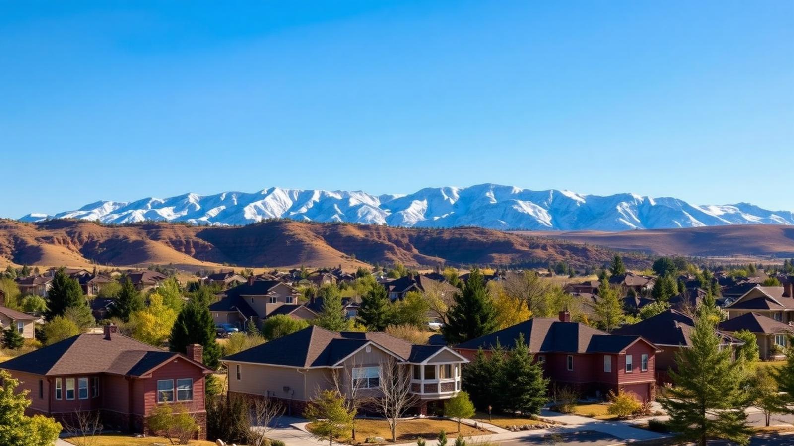 Front Range Colorado subdivision with snowcapped mountains behind under a clear blue sky