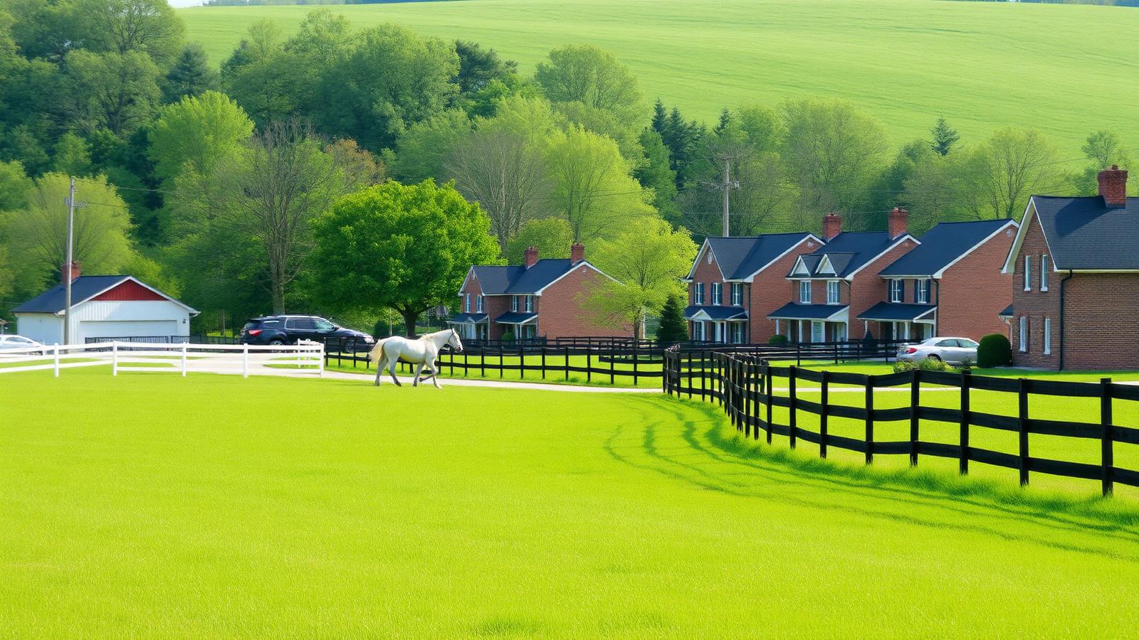 Brick homes beside white horse fencing and green pasture in the Kentucky bluegrass region