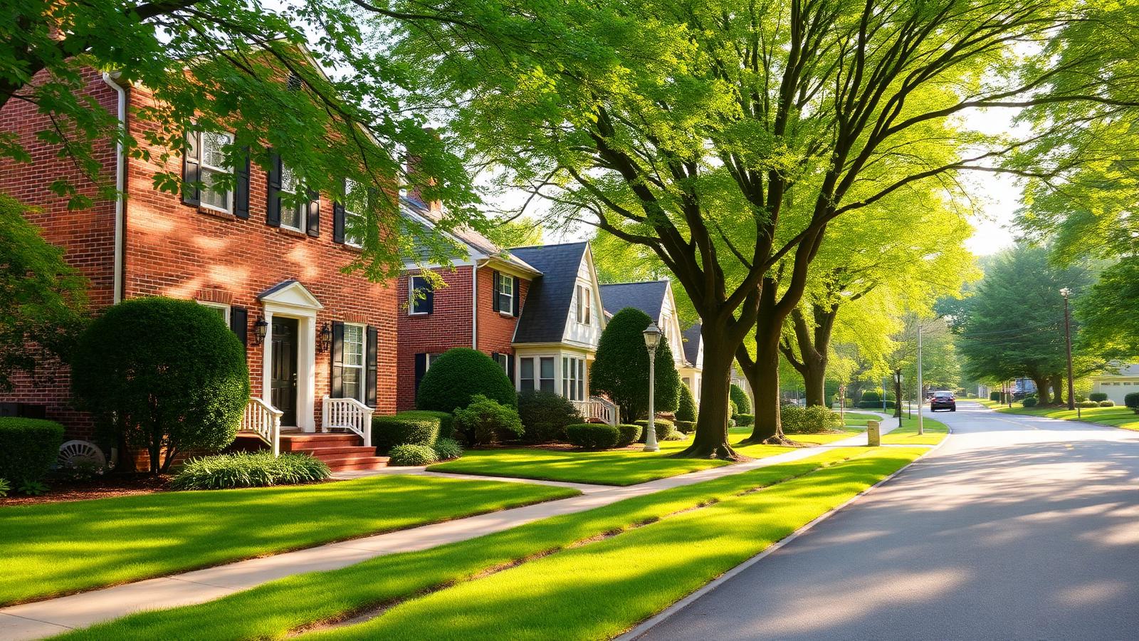 Brick colonial homes on a leafy residential street in a Maryland suburb on a sunny morning