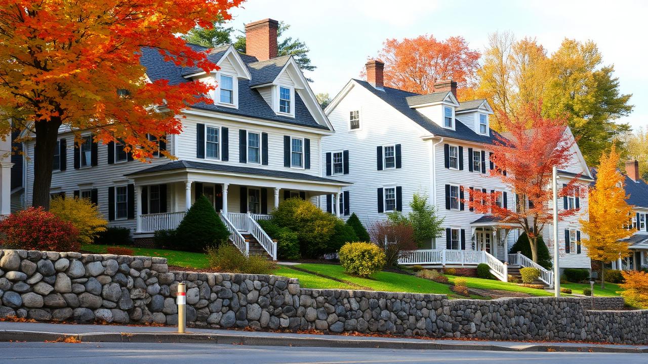 White clapboard New England homes behind a fieldstone wall under red and orange autumn maples