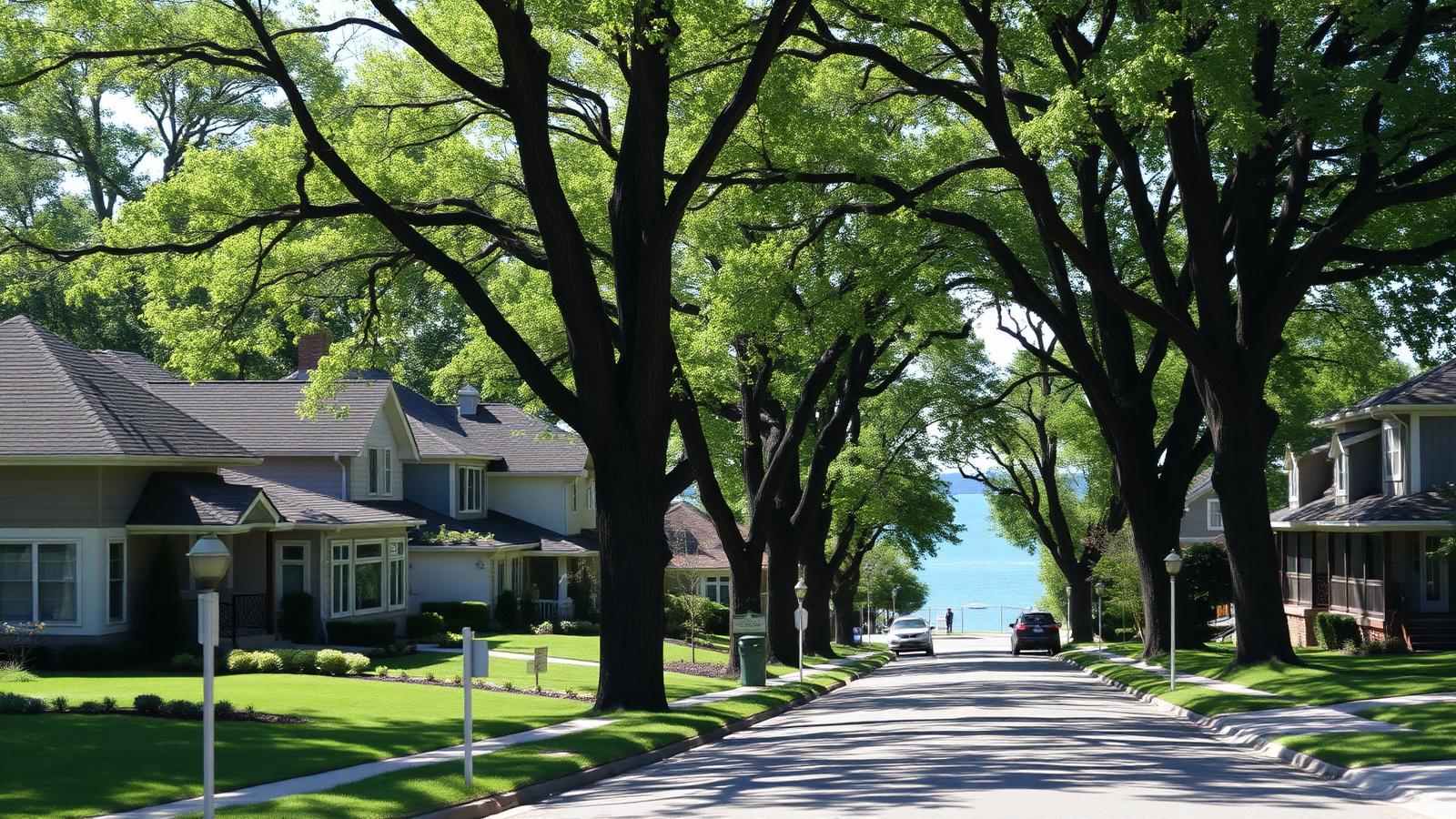 Tree-lined Michigan street of craftsman homes with Great Lake water visible at the end