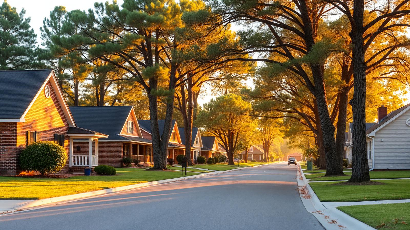 Brick and siding family homes on a wide pine-shaded residential street in Mississippi at golden hour