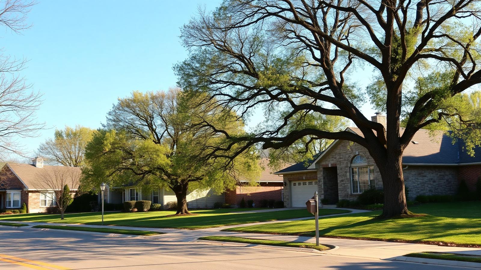 Limestone and brick ranch homes with mature oaks on a Missouri suburban street in late spring