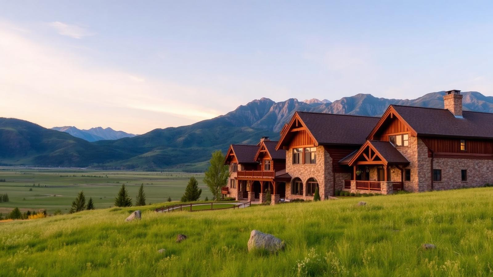 Timber and stone houses on a grassy hillside above a Montana valley with mountains at sunset