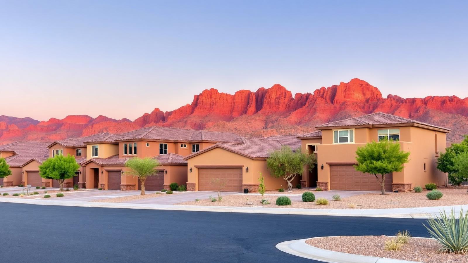 Two story stucco homes backed by red rock mountains in a Nevada desert subdivision