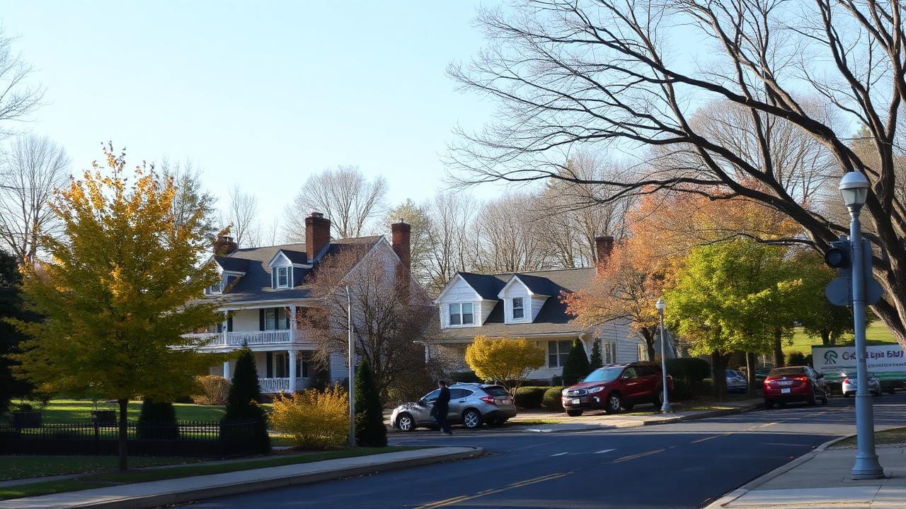 Colonial and split-level homes along a tree-lined New Jersey street near a commuter rail station