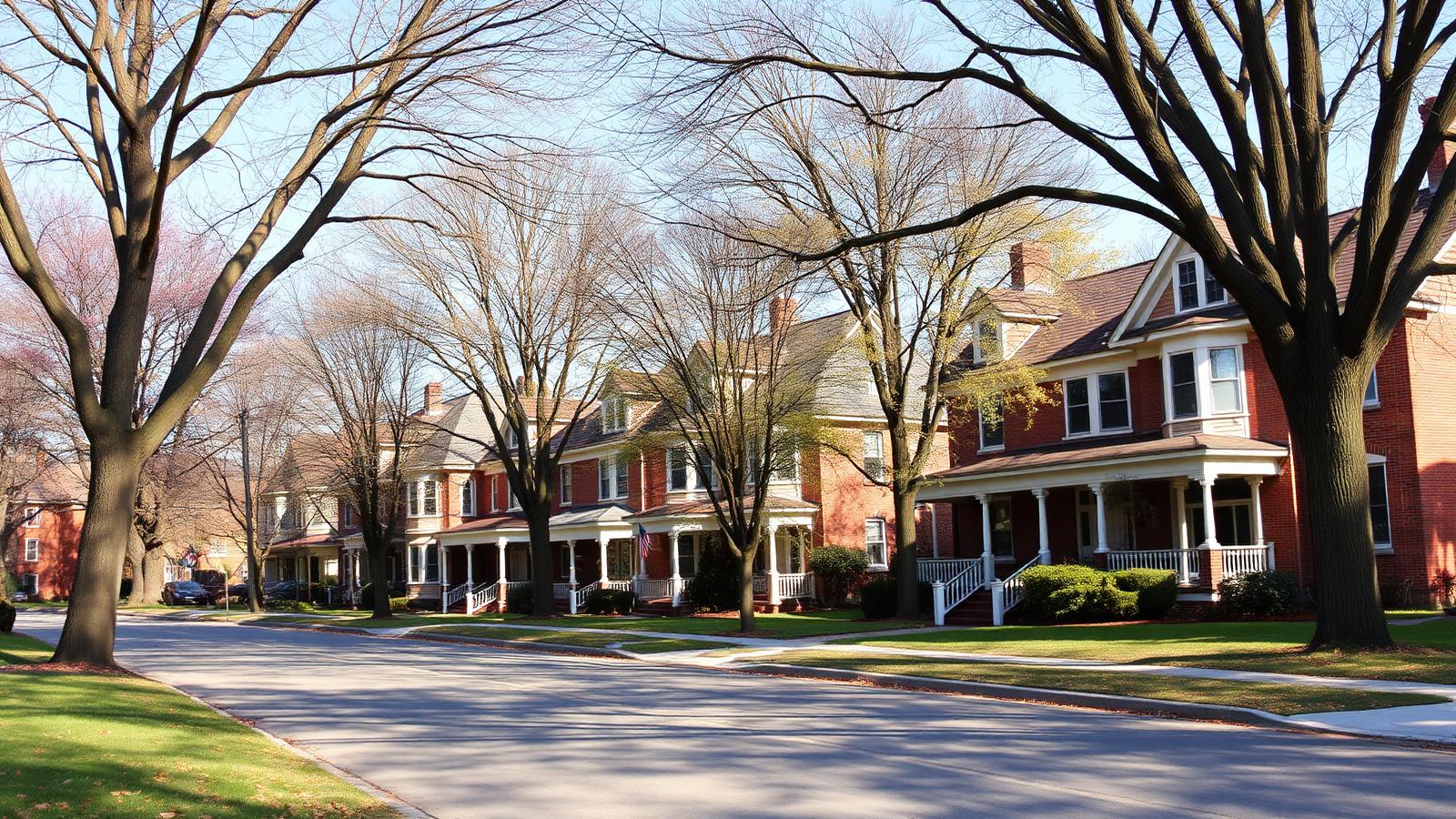 Early twentieth century brick homes with deep front porches on a tree lined Ohio street