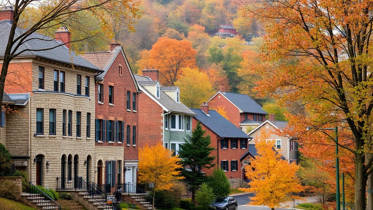 Stone and brick homes on a hilly Pennsylvania street surrounded by autumn foliage