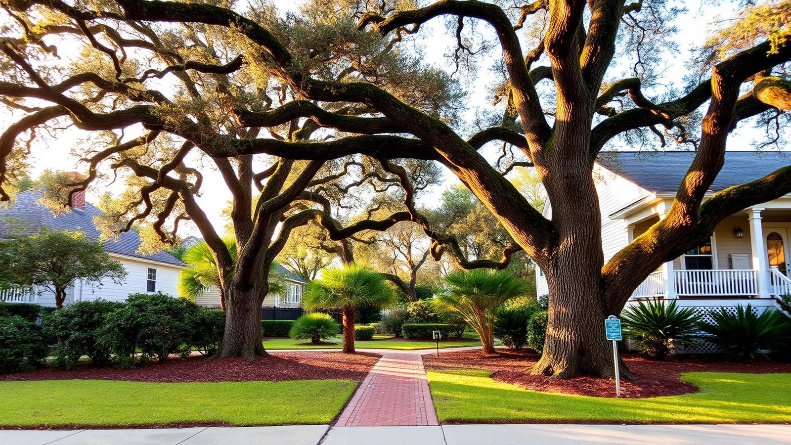 White clapboard homes with porches beneath sprawling live oaks in a South Carolina coastal neighborhood