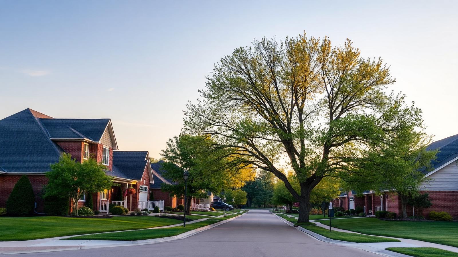 Brick and siding family homes along a tree-lined residential street in Sioux Falls, South Dakota