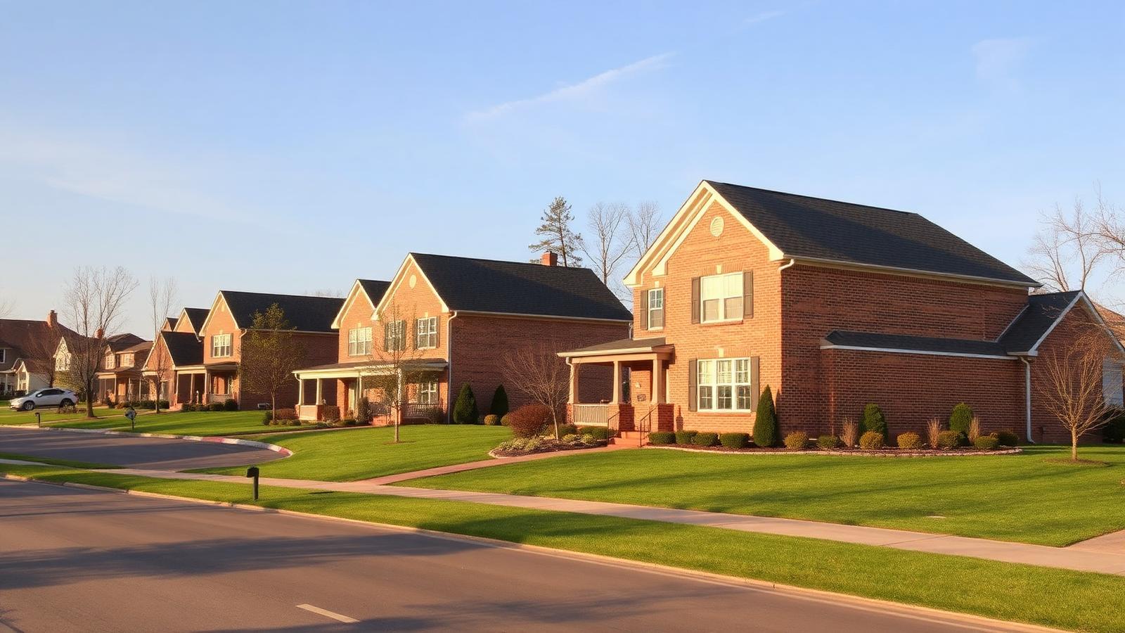 Brick two story homes with wide lawns on a residential street outside Nashville in spring