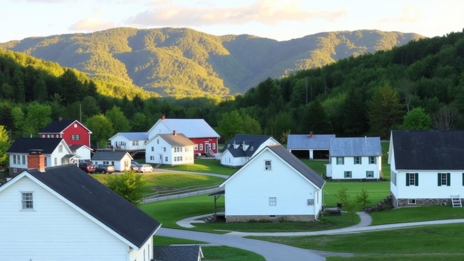 Vermont village of white farmhouses and a red barn with green mountains behind on a summer afternoon